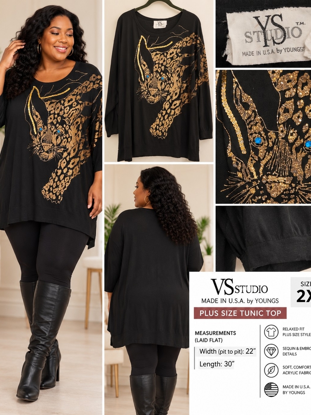 YS Studio by Youngstuff 2X Gold Leopard Tunic Made in USA Vintage